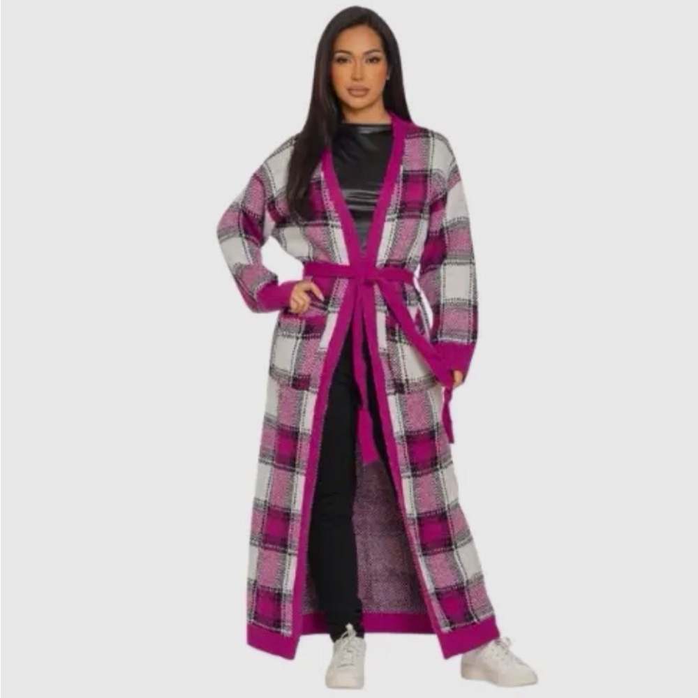 0043. Plaid Long Cardigan with Belt - Picture 1 of 4
